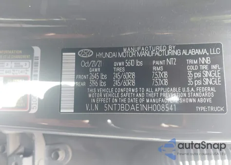 2022 Hyundai Santa Cruz Sel z USA, uszkodzony, nr VIN 5NTJBDAE1NH008541